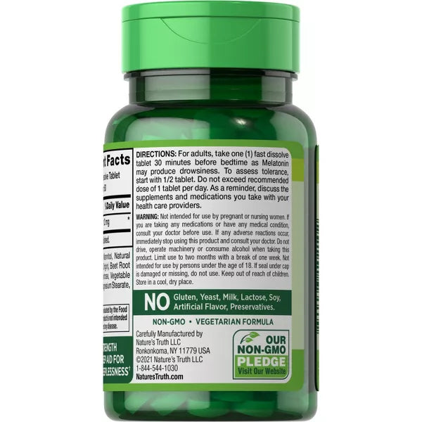 Natures Truth Melatonin Fast Dissolve Tablets Berry, 2 Pack (60ct each): Green bottles with labels showing directions, warnings, and info on non-GMO, gluten-free, vegetarian formula. Extra strength nighttime sleep aid. Distributed by Nature’s Truth.