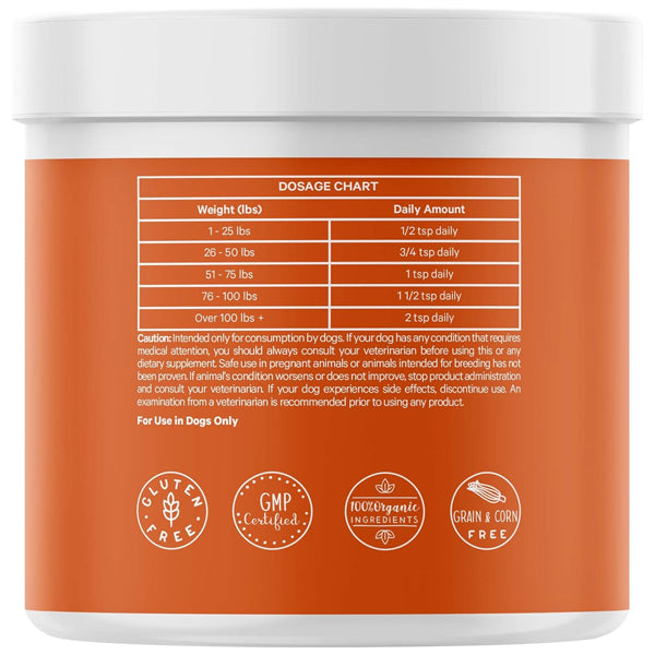 The orange label on DNA Pet’s 2 Pack - Happy Immunity USDA Certified Organic Mushroom Complex for Dogs 3.5oz shows a dog weight dosage chart, cautions, and gluten-free, GMP certified, organic mushroom, and grain & corn free certification icons.