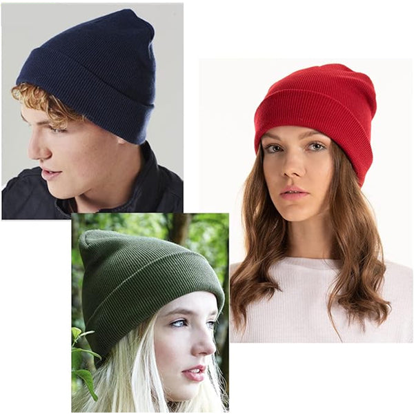 Three people each wear a SAFERIN Unisex Knit Cuffed Beanie—navy, red, and olive—enjoying plain and outdoor settings, showcasing the warm comfort and adjustable fit of these stylish SAFERIN winter hats.