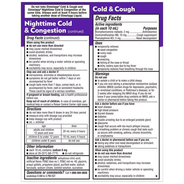 The purple and white label on Dimetapp 2 Pack - Childrens Day/Night Combo Cold Cough & Congestion Liquid 4oz displays drug facts, active ingredients, directions, warnings, and more in black text on a white background.