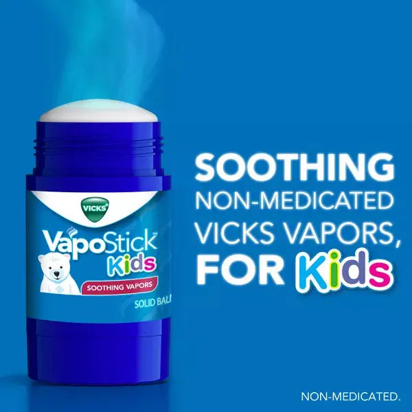 A 2 Pack of Vicks VapoStick Kids Soothing Vapors Balm (1.25oz) releases non-medicated Vicks vapors for kids; packaging features a polar bear and the text, “Soothing non-medicated Vicks vapors, for kids.”.