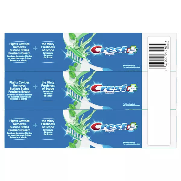 Get two packs of Crest + Scope Complete Whitening Toothpaste Minty Fresh (5.4oz, 3ct each), which fights cavities, removes stains, and targets bad breath germs for lasting freshness.