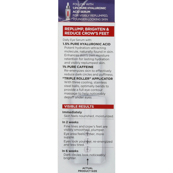 The LOreal 2 Pack Revitalift Derm Intensives Brightening Eye Serum (0.67oz) features 1.5% pure Hyaluronic Acid and caffeine, with benefits, usage instructions, and visible results for reducing dark circles and puffiness shown on the label.