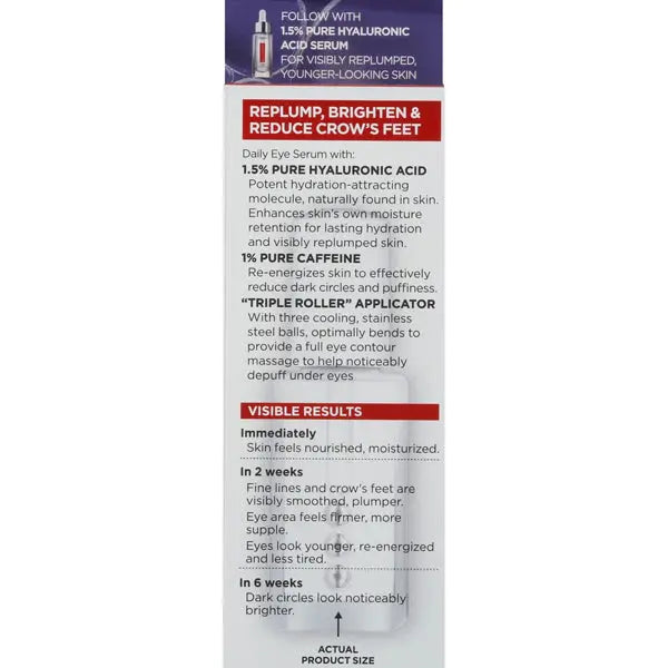 The LOreal 2 Pack Revitalift Derm Intensives Brightening Eye Serum (0.67oz) features 1.5% pure Hyaluronic Acid and caffeine, with benefits, usage instructions, and visible results for reducing dark circles and puffiness shown on the label.