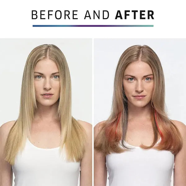 Side-by-side comparison: left shows straight blonde hair; right shows added red and brown lowlights using Wella Colorcharm Paints Semi-Permanent Hair Dye (2 Pack, Red, 2oz) for a temporary color transformation.