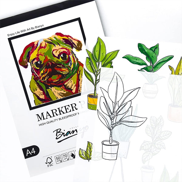 The Bianyo 2 Pack Bleedproof Marker Paper Pad A4 (50 Sheets, 18LB/70GSM) features a colorful pug cover with two included sheets displaying plant-themed line and colored drawings on top.