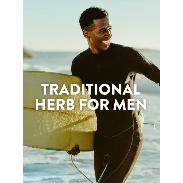 A man in a wetsuit holds a surfboard by the ocean. Text over the image reads, Natures Truth 2 Pack Saw Palmetto Extract 2400mg – Herbal Supplement for Men.