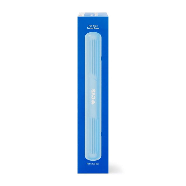 A 2 Pack of CVS Health WaveSonic Rechargeable Toothbrushes in Soft Blue, by CVS, is displayed upright in its packaging with a full-size travel case against a white background.