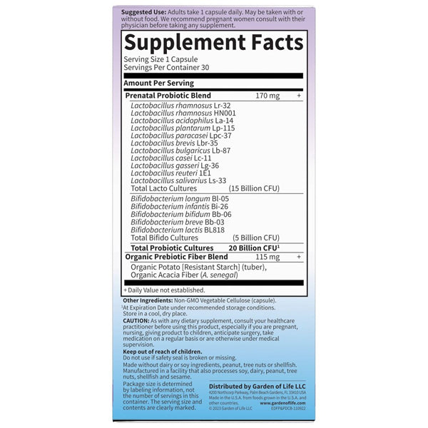 Supplement facts label for Garden of Life Dr. Formulated Pre-Post Natal Daily Care Capsules 30ct (2 Pack), listing probiotic strains, total CFU, fiber blend, serving size, and details supporting immune health during prenatal care.