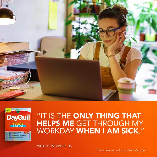 A woman wearing glasses works on a laptop at a desk with books and a lamp. Below, Vicks DayQuil Severe Cold & Flu Medicine LiquiCaps (2 Pack, 24ct) and a customer review highlight its trusted relief.