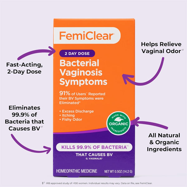 2 Pack - FemiClear 2 Day Dose for Bacterial Vaginosis Symptoms offers 99.9% bacteria elimination, all-natural ingredients, and fast relief from odor, discharge, itching, and fishy odor.