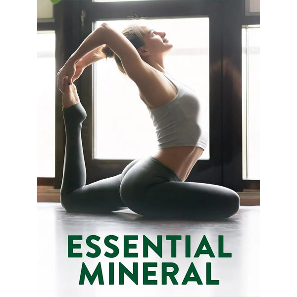 Wearing athletic gear, a woman performs yoga on a mat indoors. Bold text reads “ESSENTIAL MINERAL.” She showcases Natures Truth Chelated Magnesium 200mg High Absorption, highlighting its support for wellness and balance.