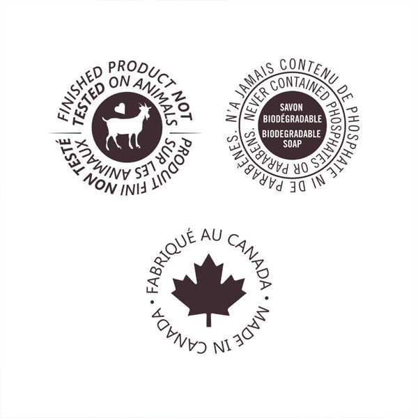 Two circular labels on Canus 2 Pack - Nature By Canus Moisturizing Body Wash with Goat Milk: Not tested on animals, biodegradable formula, phosphate and paraben free, Made in Canada—ideal for natural skincare and moisturizing body wash.