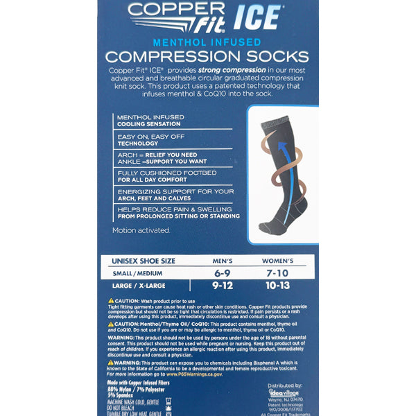 Copper Fit 2 Pack Ice Menthol Infused Compression Socks (S/M) feature copper-infused compression, arch support, and a cooling menthol sensation—designed for enhanced comfort with every step. Suitable for both men and women.