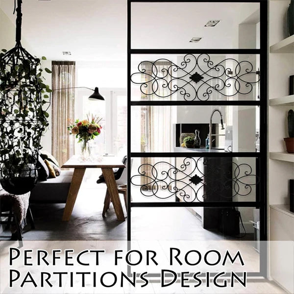 A modern dining and kitchen area is separated by Besti’s 2 Pack - Wrought Iron Wall Art Decor Medallion (32 x 12), featuring intricate scrollwork for stylish decorative impact.