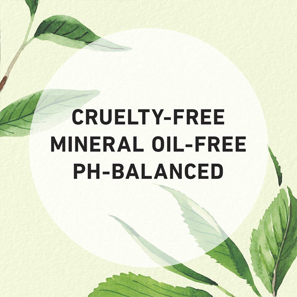 Text inside a white circle reads Cruelty-Free, Mineral Oil-Free, pH-Balanced, with green leaves and hints of tea tree in the corners on a light background for Herbal Essences 2 Pack Purifying Conditioner Tea Tree 29.2oz.