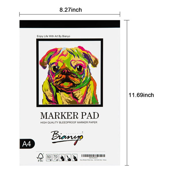 The Bianyo 2 Pack Bleedproof Marker Paper Pad A4 (8.27 x 11.69, 50 sheets, 18 LB/70 GSM) features a colorful pug cover and is perfect for alcohol markers thanks to its bleedproof paper.