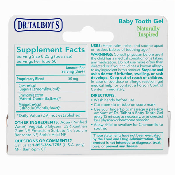 Back of a Dr. Talbots Naturally Inspired Baby Tooth Gel box (2 Pack, 0.53oz) shows supplement facts, natural ingredients, usage directions, and warnings in black text on white—designed for safe teething relief for babies.