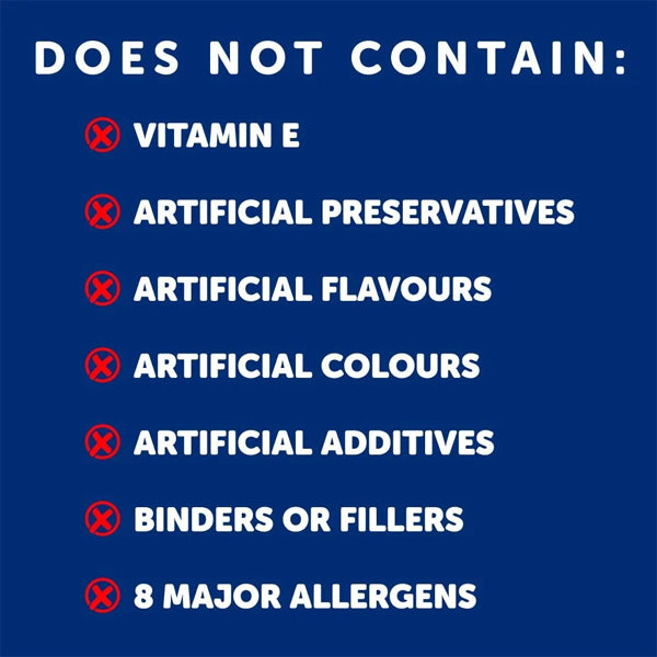D Drops 2 Pack Organic Liquid Vitamin D3 (60 Drops) contains no vitamin E, artificial preservatives, flavors, colors, additives, binders, fillers or 8 major allergens. Ideal as a baby supplement drop for newborns. White text on blue background.