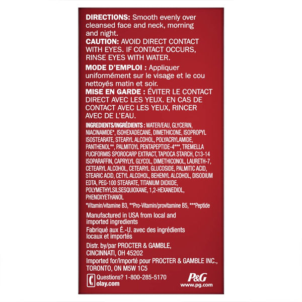 The red label on the 2 Pack - Olay Regenerist Collagen Peptide 24 Face Moisturizer 0.5 oz shows directions, cautions against eye contact, lists ingredients like collagen peptide, plus manufacturing info and customer service contacts.