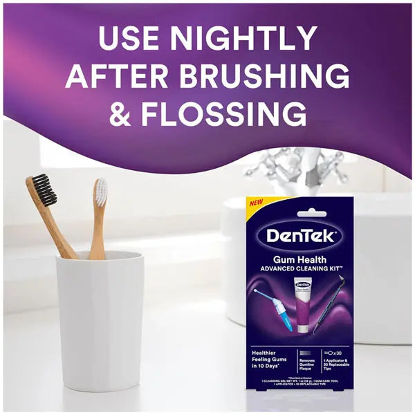 A 2 Pack - DenTek Gum Health Advanced Cleaning Oral Care Kit is shown in a bathroom next to a cup with two toothbrushes, with text suggesting nightly use after brushing and flossing for better gum health and plaque removal.