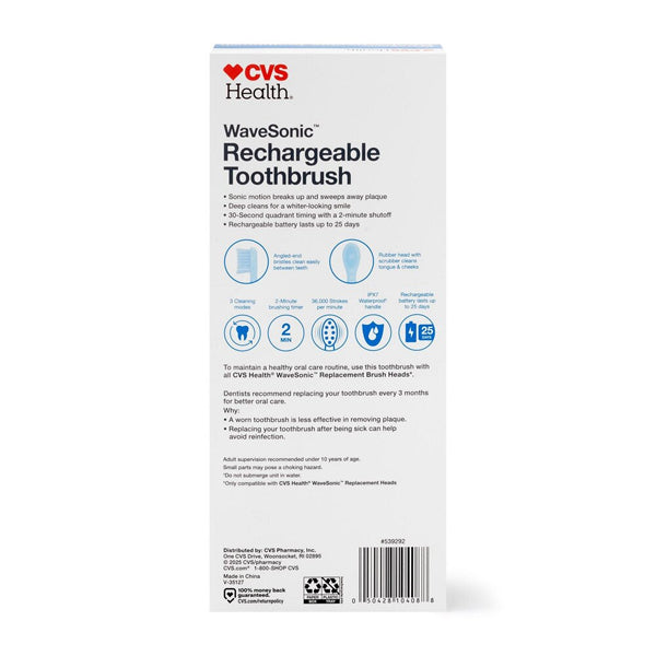 Back of 2 Pack - CVS Health WaveSonic Rechargeable Toothbrush Soft Blue box, showing CVS brand features, soft brush usage directions, and manufacturer details in blue and black text.
