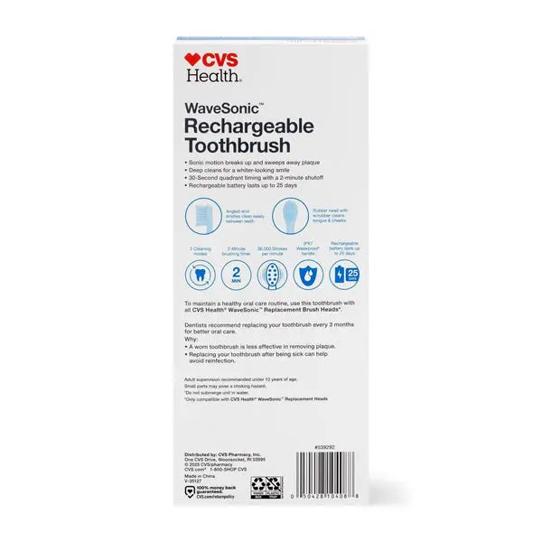 Back of 2 Pack - CVS Health WaveSonic Rechargeable Toothbrush Soft Blue box, showing CVS brand features, soft brush usage directions, and manufacturer details in blue and black text.
