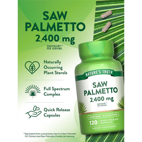 Image shows 2 Pack - Natures Truth Saw Palmetto Extract 2400mg, 120 capsules each, featuring plant sterols, a full spectrum complex, and the benefits of this traditional herbal supplement in quick release capsules.