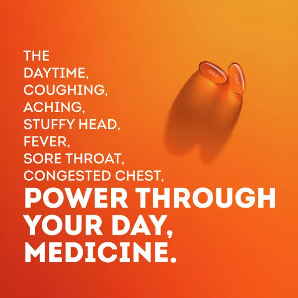 Two orange capsules on an orange background with text: Power through your day with Vicks DayQuil Severe Cold & Flu Medicine LiquiCaps 24ct—fast relief when you need it most. 2 Pack by Vicks.
