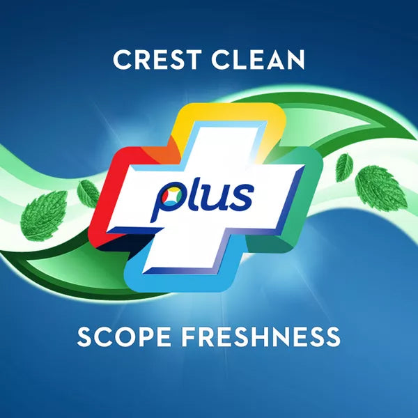 Crest + Scope Complete Whitening Toothpaste Minty Fresh (2 Pack, 5.4oz, 3ct each) features a white cross and mint leaves with a swirling green ribbon on blue—fights bad breath germs and delivers whitening freshness.