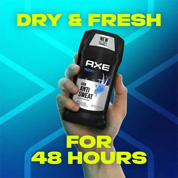 A hand holds a pack of AXE Deodorant for Men Phoenix Mint & Rosemary (2ct, 2.7oz each) against a blue geometric background with “DRY & FRESH FOR 48 HOURS,” highlighting long-lasting sweat protection and freshness for men.
