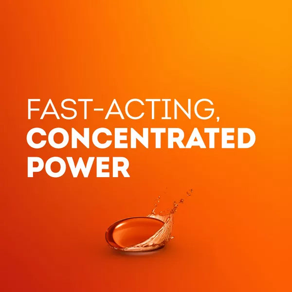 Orange background with white text reading FAST-ACTING, CONCENTRATED POWER above a liquid splash in an amber droplet—showcasing the strength of Vicks 2 Pack - DayQuil Severe Cold & Flu Medicine LiquiCaps 24ct for powerful relief.