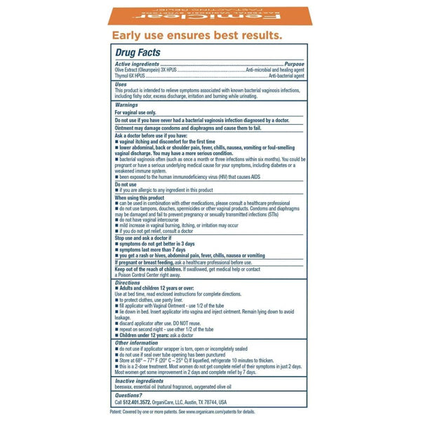 Image of a drug facts label for FemiClear 2 Pack - 2 Day Dose for Bacterial Vaginosis Symptoms, showing active ingredients, uses, warnings, directions for fast relief, and FemiClear manufacturer contact info.