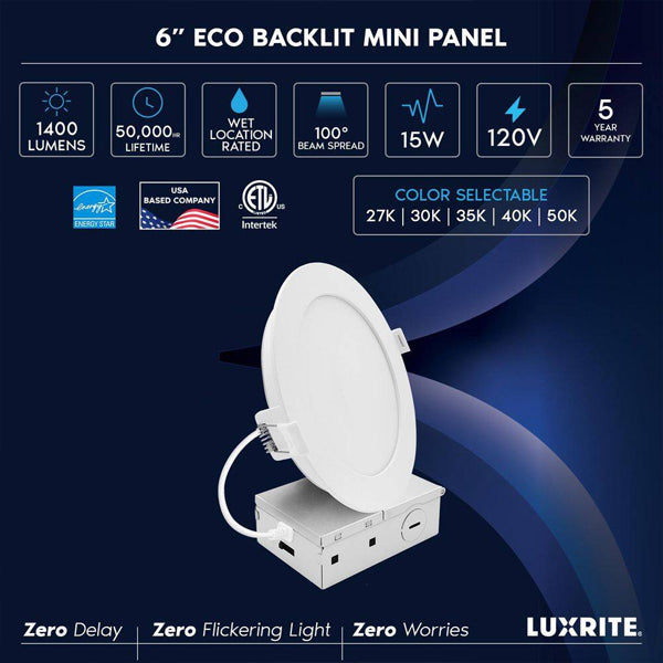 2 Pack - Luxrite LR23923 6 in. Integrated LED Recessed Mini Panel Light, 5CCT, 1400LM Luxrite