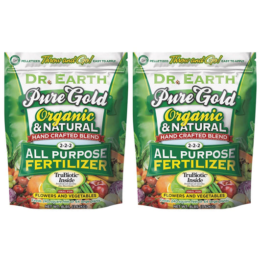 Two 8lb bags of Dr. Earth Pure Gold Organic 2-2-2 All-purpose Fertilizer, ideal for flowers and vegetables, with TruBiotic for enhanced growth.
