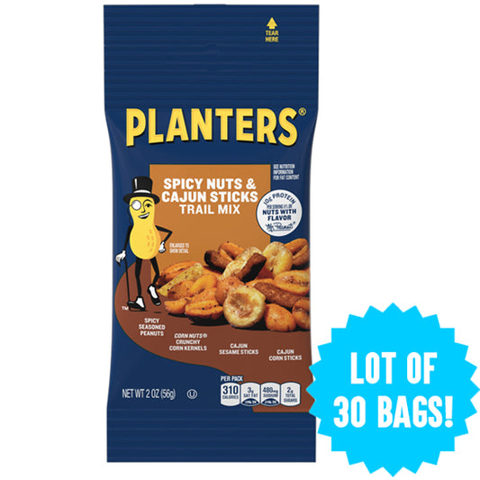 Planters 30 Pack Spicy Nuts & Cajun Sticks Trail Mix includes thirty 2oz bags, ideal for those who love bold Cajun snacks. Blue burst graphic says “LOT OF 30 BAGS!” in bold white text.