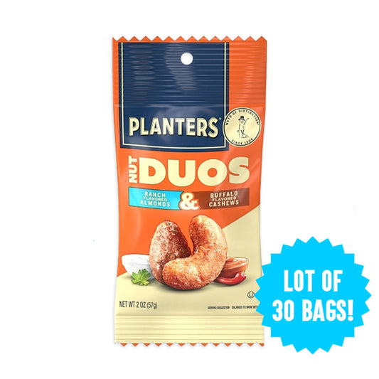 A 30 pack of Planters Nut Duos includes 2oz bags with buffalo cashews and ranch almonds—combining creamy buffalo and crunchy ranch flavors in each snack bag.