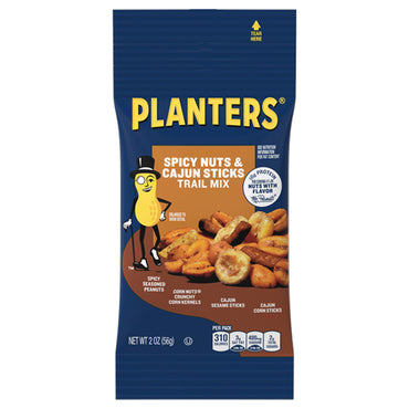 A 2oz bag from the 30 Pack - Planters Spicy Nuts & Cajun Sticks Trail Mix features the Planters mascot, snack image, and nutrition info on front.