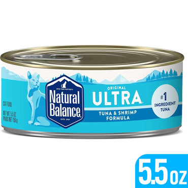 A 5.5oz can from the 24 Count - Natural Balance Tuna And Shrimp Canned Cat Food, featuring a blue label with a cat illustration and product details. Brand: Natural Balance.
