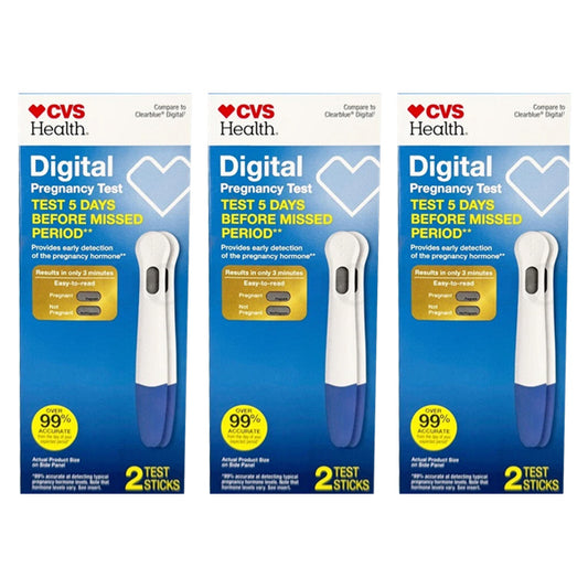 Three boxes of 3 Pack - CVS Health Digital Pregnancy Test (2 test sticks each) from CVS are shown, featuring easy-to-read digital results, over 99% accuracy, early detection, and fast results within minutes.