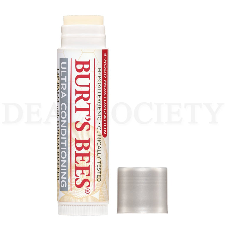 A 3 Pack of Burts Bees Lip Balm for all-day hydration with one tube uncapped and the cap placed in front of it.