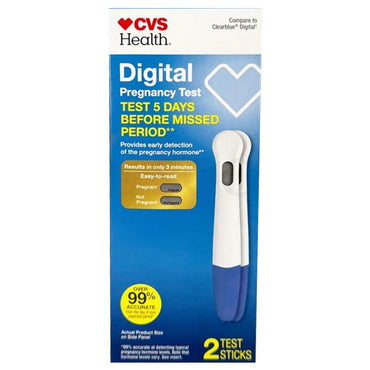 CVS Health Digital Pregnancy Test, 3 Pack (2 test sticks each), offers easy-to-read results in about 3 minutes, claims early detection, and over 99% accuracy.