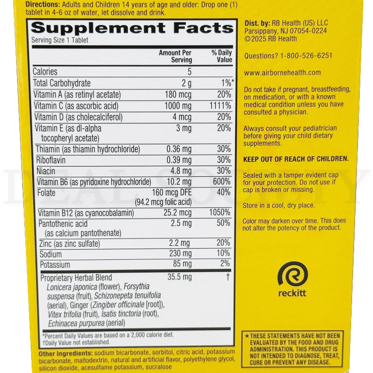 The Supplement Facts label for Airborne 3 Pack Zesty Orange Vitamin C Immune Support 30 Tablets lists antioxidants, immune-supporting Vitamin C, herbal blend ingredients, dosage directions, warnings, and manufacturer contact info on a yellow background.