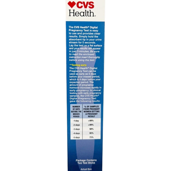 CVS 3 Pack Digital Pregnancy Test, 2 test sticks per box, over 99% accurate with easy-to-read results and a sensitivity chart for days before your missed period.