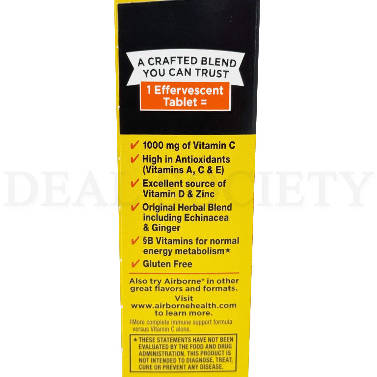 Side panel of Airborne 3 Pack Zesty Orange Vitamin C Immune Support (30 Tablets) lists benefits like antioxidants, immune support, gluten-free; includes website and extra info.