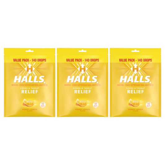3 Pack - Halls Relief Honey Lemon Cough Drops Value Pack 140 Count Each
