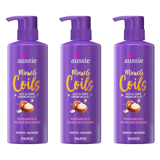 The 3 Pack - Aussie Shampoo Miracle Coils Sulfate Free Shampoo 16oz by Aussie nourishes and defines coils. This sulfate-free, cruelty-free formula is perfect for curly hair and features macadamia nut oil on its label.