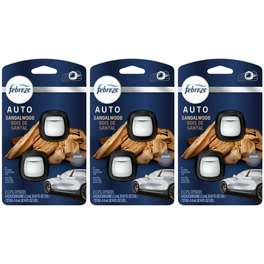 Three packs of Febreze Auto Car Air Freshener Vent Clips, sandalwood scent (2 per pack), are shown in packaging with wood and car images.