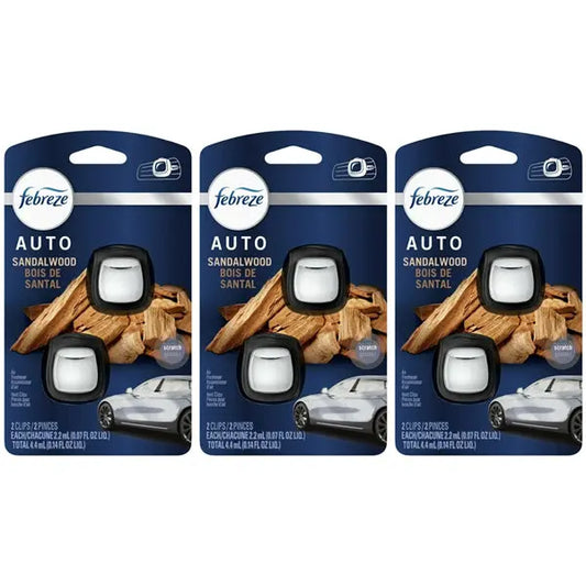 Three packs of Febreze Auto Car Air Freshener Vent Clips, sandalwood scent (2 per pack), are shown in packaging with wood and car images.