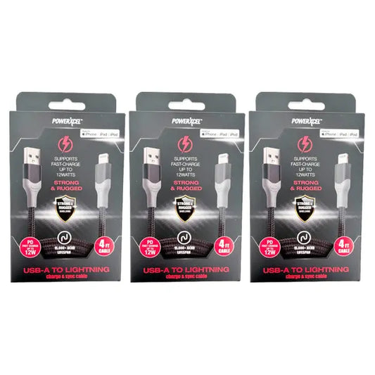 3 Pack - PowerXcel 4-Foot USB-A to Lightning Charge & Sync Cable PowerXcel